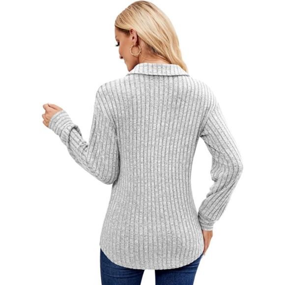 Casual Long Sleeve Button Blouses Ribbed Knit Collared Oversized Loose Fit Tops - Picture 6 of 7